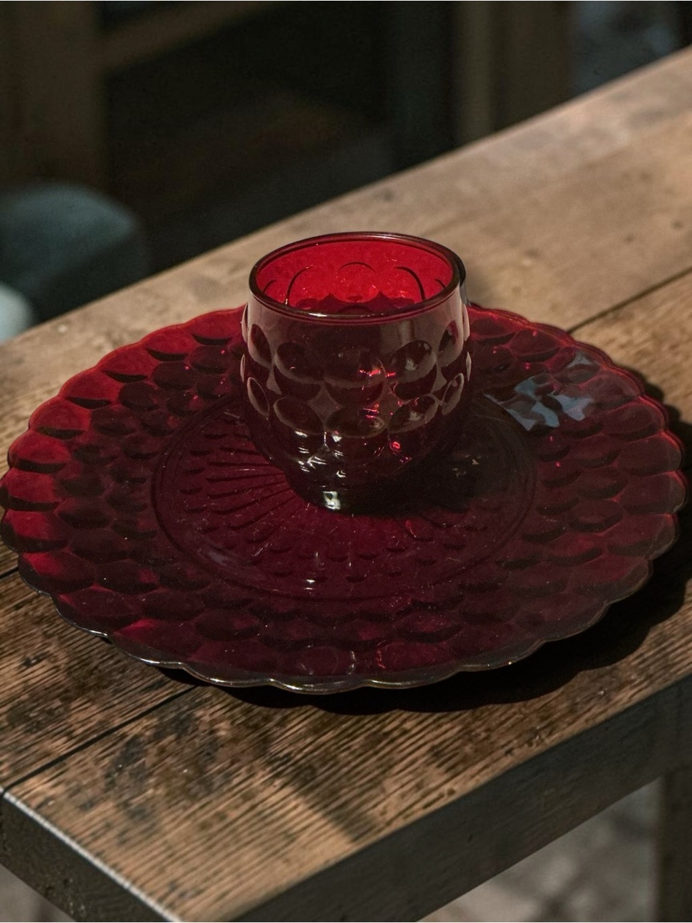 🌼VTG  Anchor Hocking "Royal Ruby" Bubble pattern Tumbler and Plate set